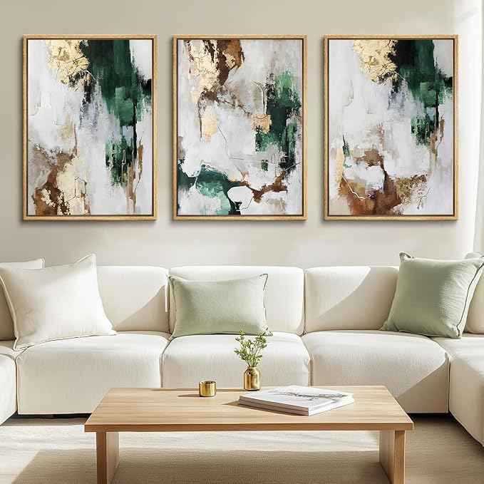 3Pcs Green and Gold Canvas Wall Art Abstract Posters Print Brown Abstract And Gray Line Pictures Decor for Living Room Bedroom Bathroom Home Decoration Unframed
