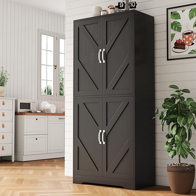 IDEALHOUSE 70" Kitchen Pantry Storage Cabinet, Farmhouse Kitchen Cabinet with 4 Doors & 3 Adjustable Shelves, Freestanding Cupboard for Dining Room,Living Room,Black