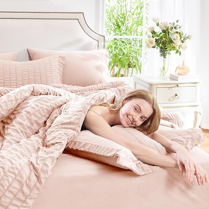 CozyLux Full Size Comforter Sets with Sheets Seersucker 7 Pieces Blush Pink Bed in a Bag Textured Luxury Soft Bedding Set with Down Alternative Comforter, Sheets, Pillowcases & Shams for All Seasons