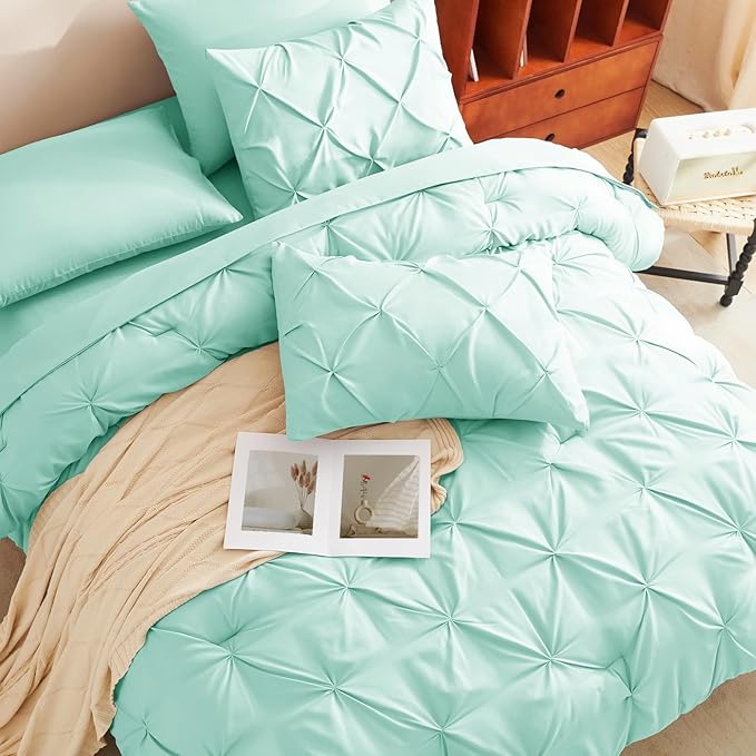 CozyLux Full Size Comforter Sets Mint Green, 7 Pieces Pintuck Bed in A Bag Green Comforter Full Size, Pinch Pleat Bedding Sets with All Season Comforter, Flat Sheet, Fitted Sheet, Pillowcases & Shams