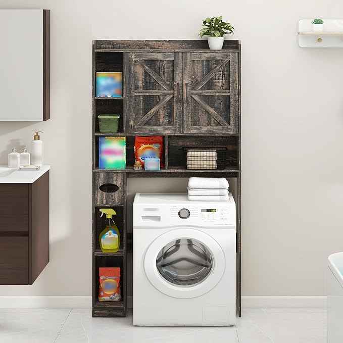Over The Toilet Storage Cabinet, Farmhouse Storage Cabinet Over Toilet with 2 Barn Doors & Toilet Paper Holder Stand，Home Space-Saving Toilet Rack, for Bathroom, Restroom, Laundry