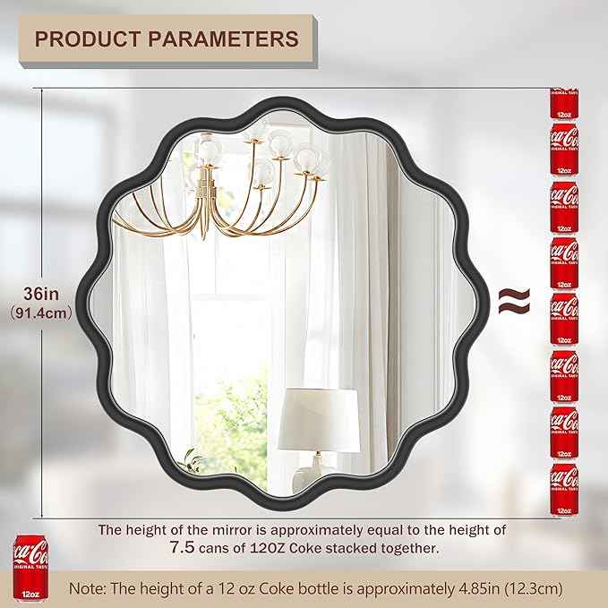 PROHOMEWARE Black Round Mirror 36 Inch Wavy Bathroom Vanity Mirror Black Frame Modern Wall Mirror Decorative Wall-Mounte Anti-Rust, Tempered Glass