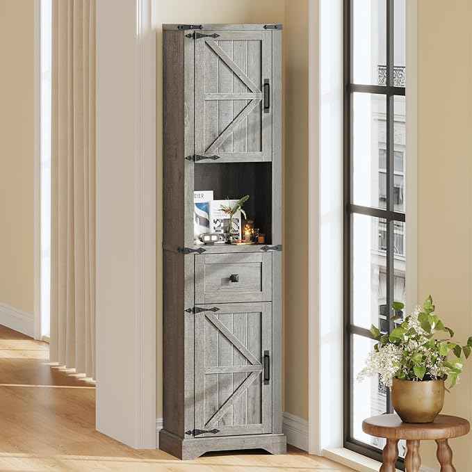 Vabches 66" Tall Farmhouse Bathroom Storage Cabinet with Barn Doors and Drawer, Narrow Storage Unit, Adjustable Shelves & 5-Tier Space, Freestanding Cabinet for Bathroom, Entryway, Kitchen, Grey