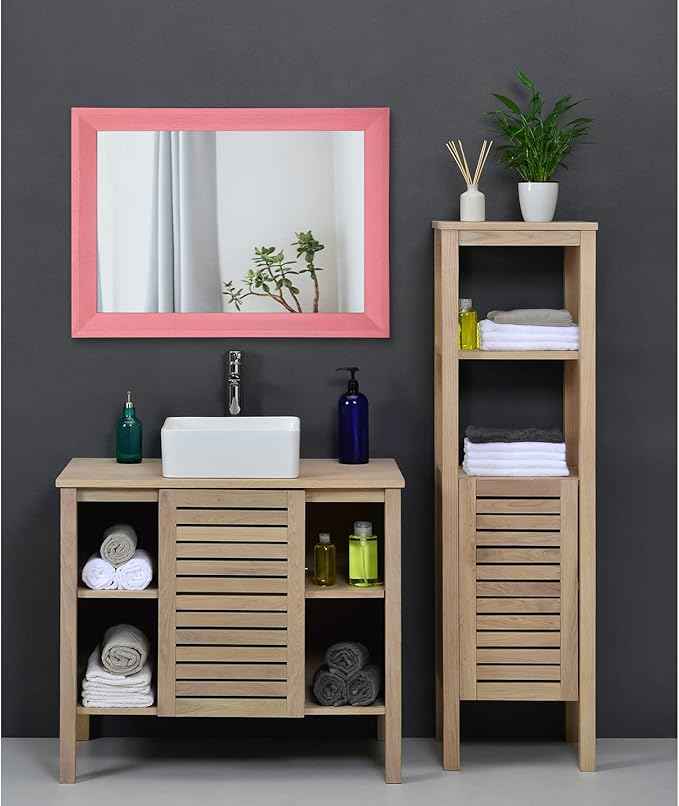AAZZKANG Rectangle Mirror with Wood Frame Modern Farmhouse Wall Mirrors Decor Large 20"x16" for Bedroom Bathroom Living Room Pink