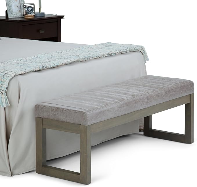SIMPLIHOME Casey Ottoman Bench - 48 inch Wide Upholstered Vegan Leather Rectangle Ottoman in Distressed Grey Taupe, Contemporary Modern Bench for Bedroom with Quilted Stitching, Assembled