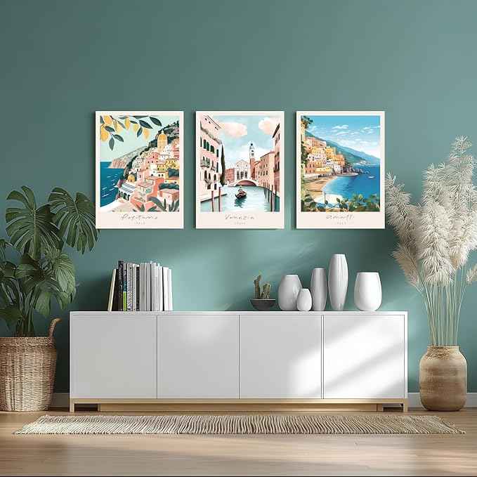 Cyebmo Framed Italy Travel Wall Art, Amalfi Coast Landscape Wall Decor, Blue Venice Coast Wrapped Canvas Artwork, Italian Modern City Aesthetic Picture for Living Room Bedroom Bathroom 12"x16"x3