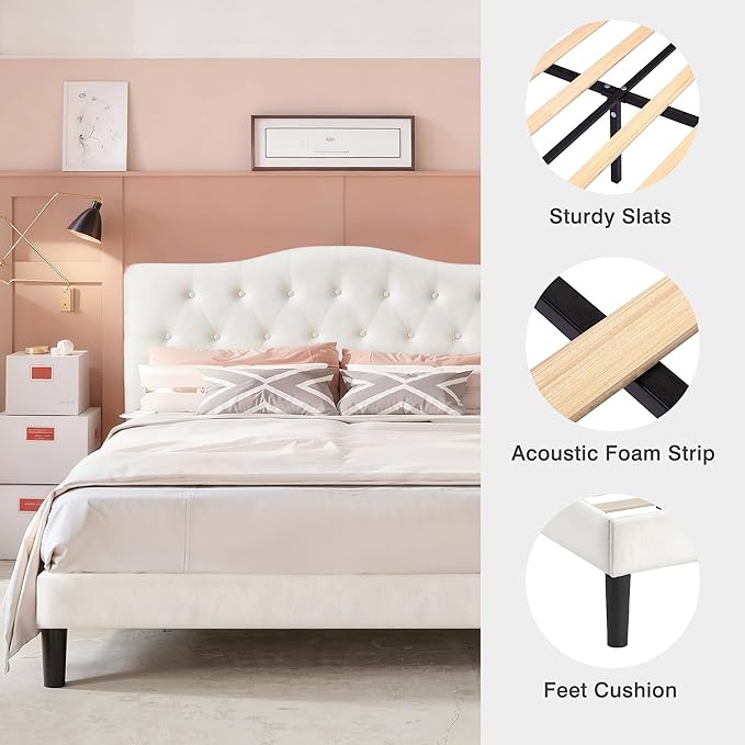 VECELO Queen Size Bed Frame with Upholstered Headboard, Velvet Platform Bedframe Mattress Foundation, Sturdy Wooden Slats Support,No Box Spring Needed Noise Free/Easy Assembly, White