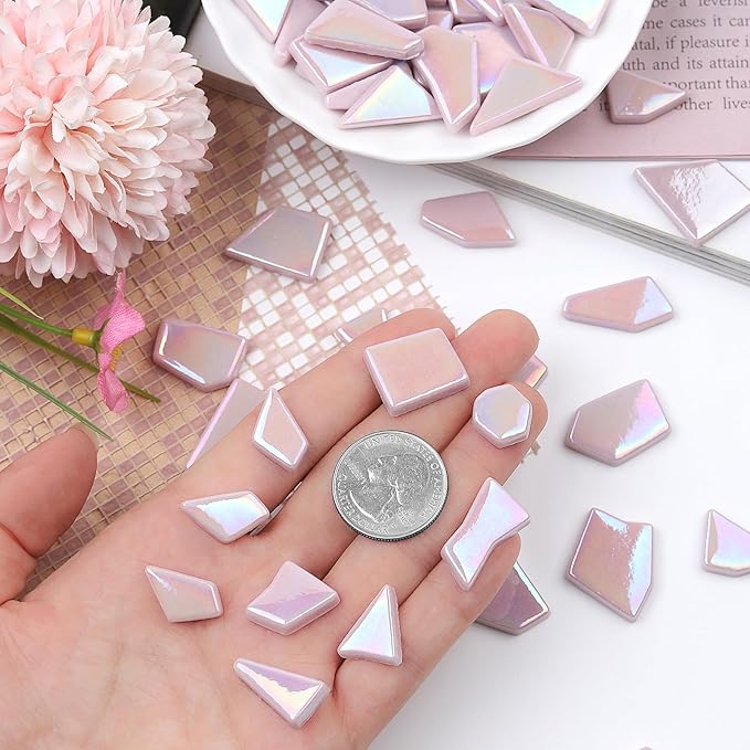 Youway Style Iridescent Glass Mosaic Tiles for Crafts Bulk,200g Pink Broken Mosaic Glass Pieces for Garden Crafts Kits,DIY Mosaic Art Decor