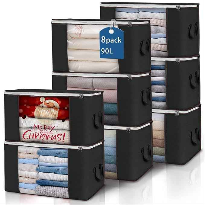 Large Storage Bags, 8 Pack Clothes Storage Bins Foldable Closet Organizers Storage Containers with Durable Handles Thick Fabric for Blanket Comforter Clothing Bedding 90 L (Black)