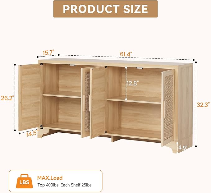 Garvee Natural Rattan Storage Cabinet with Shelves, 4-Door Sideboard Buffet Cabinet, Boho TV Stand Console Table for Living Room, Entryway, Dinning Room
