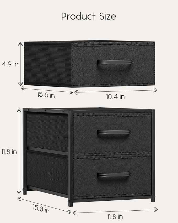 Stackable Storage Drawers - 2 Tier Closet Drawers, Closet Organizer with Metal Handles, Night Stand with Collapsible Bins, Fabric Dresser for Bedroom, Dorm, Office, Black, 1 Pack