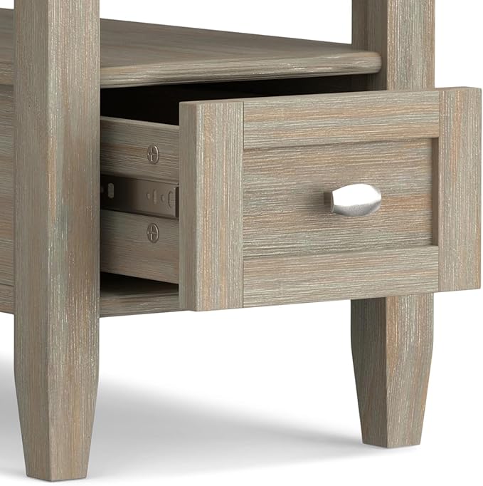 SIMPLIHOME Warm Shaker End Table - 14 inch Wide Solid Wood Narrow Side Table in Distressed Grey, Transitional Accent Table for Living Room or Bedroom with Drawer, Open Shelf and Square Tapered Legs