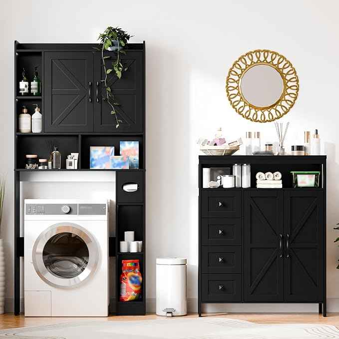 Vabches Farmhouse Storage Cabinet with 2 Doors and 4 Drawers, Freestanding Bathroom Compartment Kitchen Pantry Cabinet, Floor Cupboard for Kitchen/Living Room/Bathroom,Pure Black