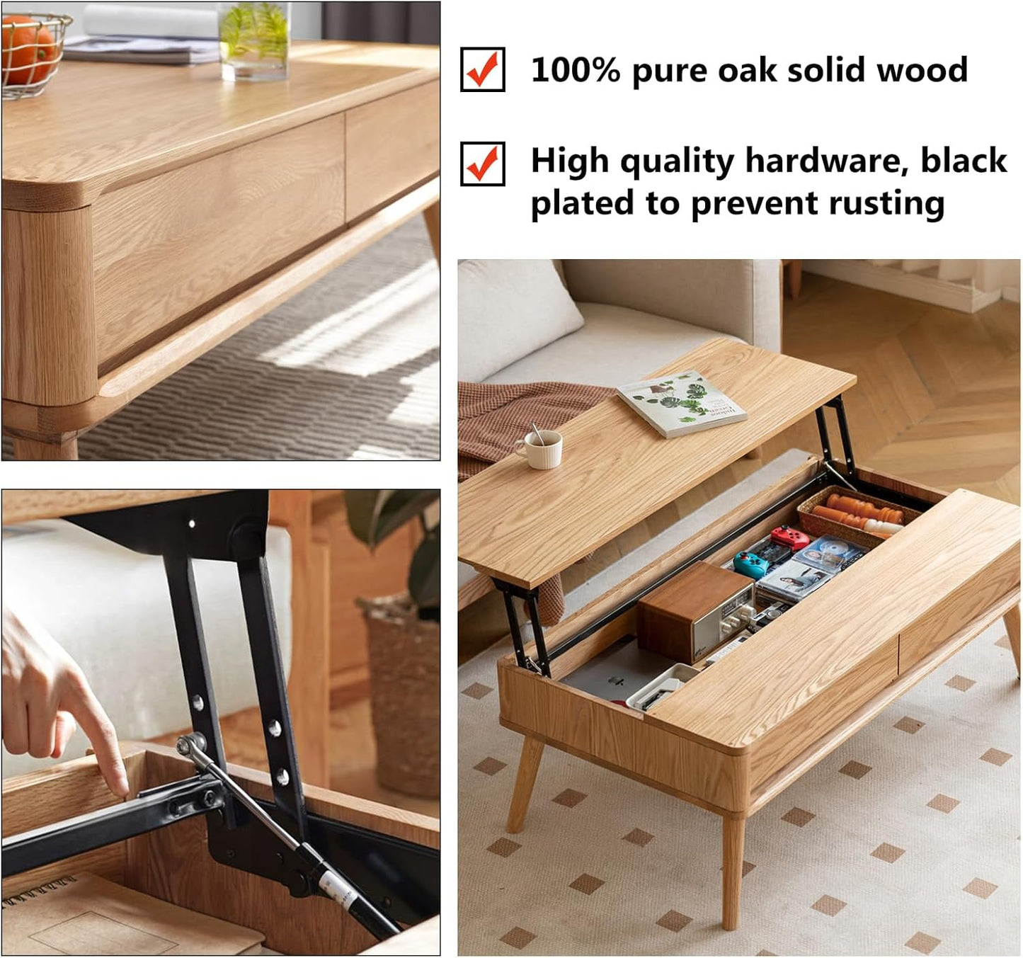 100% Solid Wood Lift Top Coffee Table for Living Room, Mid Century Modern Tables with Drawers and Large Storage, Oak Coffee Tables for Small Spaces (Oak Wood Log, 39.37" W x 21.65" D x 25.59" H)