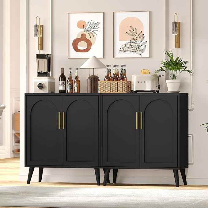 Rovaurx Set of 2 Storage Cabinet with 4 Doors, Modern Accent Bathroom Floor Cabinet, Buffet Cabinet Sideboard with Adjustable Shelves for Living Room, Entryway, Dining Room and Kitchen, Black