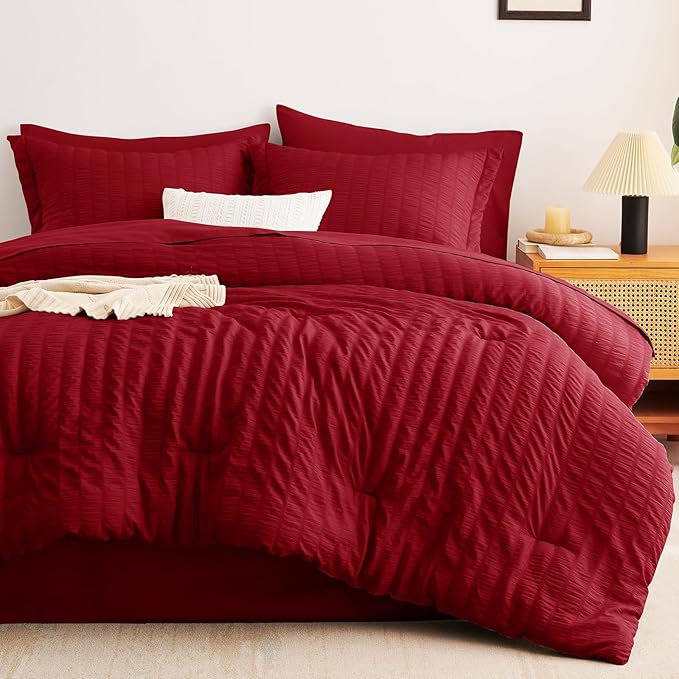 CozyLux Queen Comforter Set Dark Red Seersucker 7 Pieces Bed in a Bag Queen Comforter Set with Sheets, Luxury Soft Bedding Set with Down Alternative Comforter, Sheets, Pillowcases & Shams All Seasons