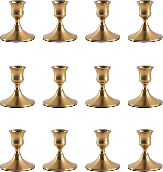Gold Taper Candle Holder, Brass Candlestick Holders, Vintage Metal for Table Centerpieces Wedding Christmas Decor (Gold, 12 Pcs)