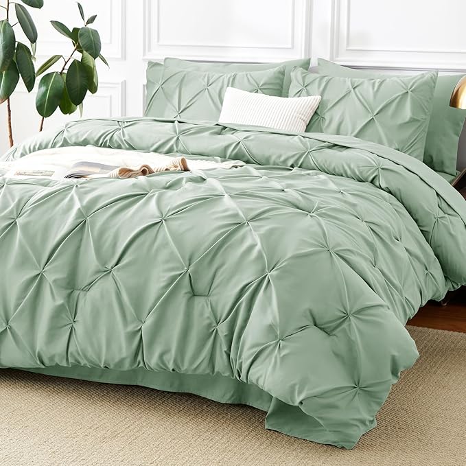 CozyLux Full Size Comforter Sets Sage Green, 7 Pieces Pintuck Bed in A Bag Green Comforter Full Size, Pinch Pleat Bedding Sets with All Season Comforter, Sheets, Pillowcases & Shams