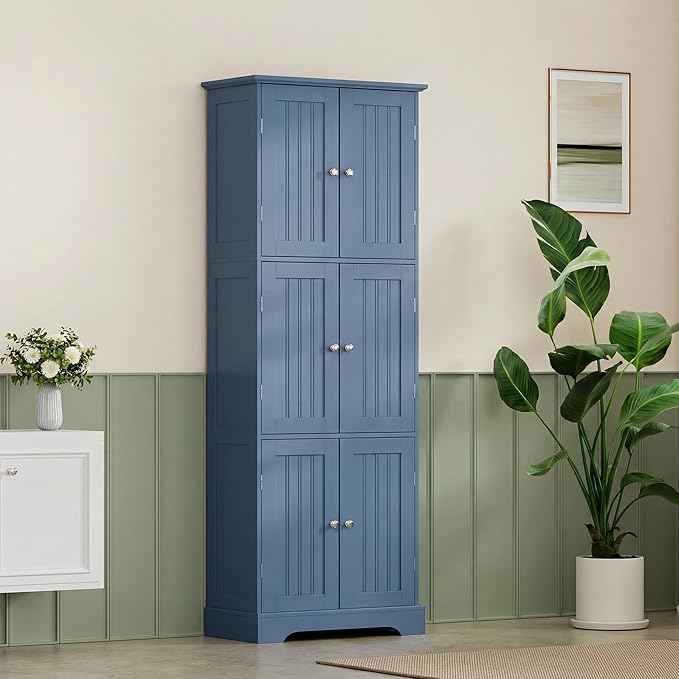 ChooChoo Tall Bathroom Storage Cabinet with 6 Doors, Freestanding Floor Cabinet with Adjustable Shelves, Blue Pantry Cabinet for Bathroom, Kitchen, Laundry Room