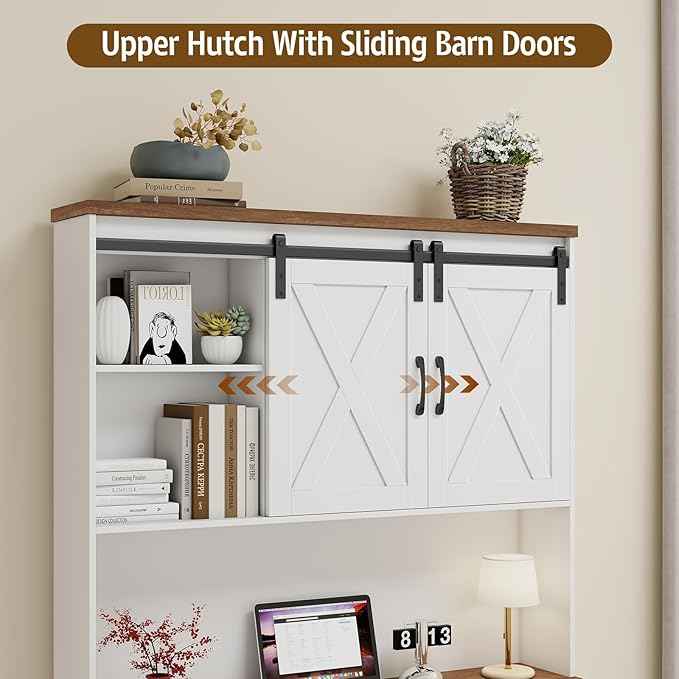 Vabches 67.7 Inch Farmhouse Pantry Storage Cabinet with Sliding Barn Doors, 2 Drawer Farmhouse Coffee Cabinet with Adjustable Shelf, Side Board with Buffet Cupboard for Kitchen, Livingroom, White