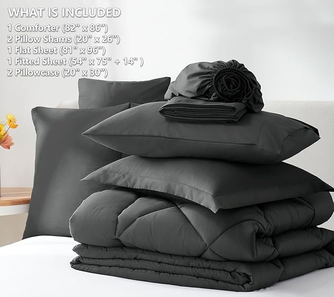 CozyLux Full Size Comforter Sets Dark Grey - 7 Pieces Bed in a Bag Full, Luxury Soft Bed Set for All Seasons, Bedding Set with Down Alternative Comforter, Sheets, Pillowcases & Shams