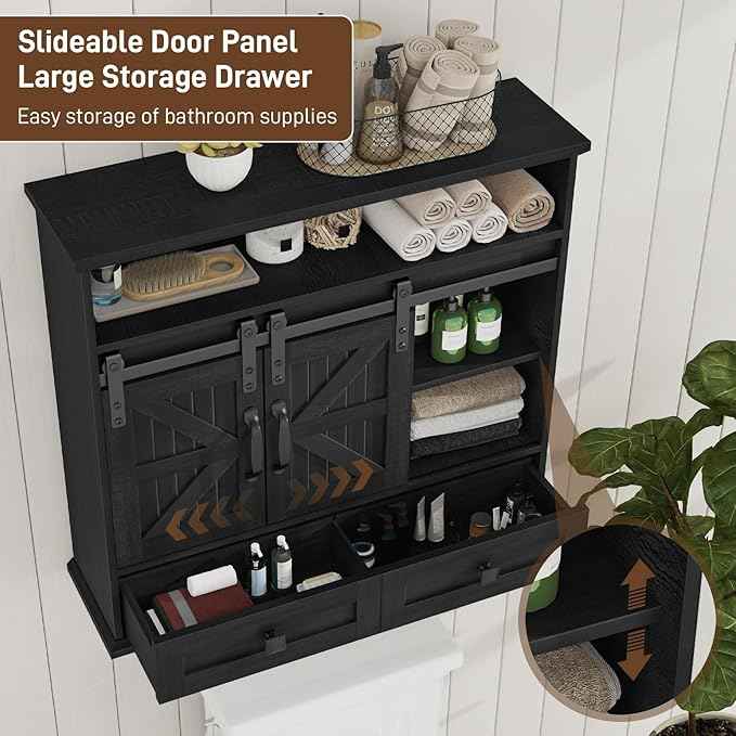 Vabches Bathroom Wall Cabinet, Farmhouse Medicine Cabinet with Double Sliding Barn Door and Storage Drawer, Wooden Vintage Storage Cabinet Wall Mounted for Bathroom, Kitchen, Rustic Black