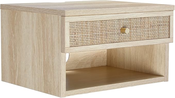 Nathan James Jackson Wall Mounted Rattan Floating Bedroom Nightstand with Storage Drawer and Modern Open Shelf Cubby, Light Oak/Rattan