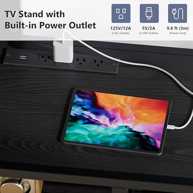 VECELO TV Stand with Mount and Power Outlets, Entertainment Center for 55/60/65/70/75 inch TVs, Height Adjustable Media Console with Storage Shelves, for Living Room, Bedroom, Black