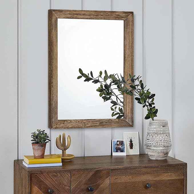 AAZZKANG Rustic Wood Mirror Rectangle Decorative Wall Mirrors with Frame Large 20"x16"for Bedroom Living Room Bathroom Entryway Hanging Brown