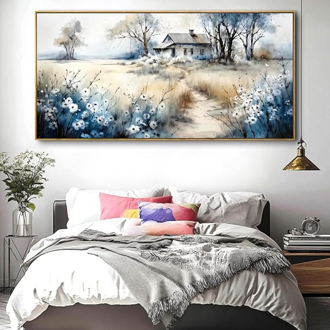 Watercolor Landscape Art Wall Art - Framed Modern Canvas Painting for Living Room, Bedroom Home Office Decor, 40x20 Inch Ready to Hang