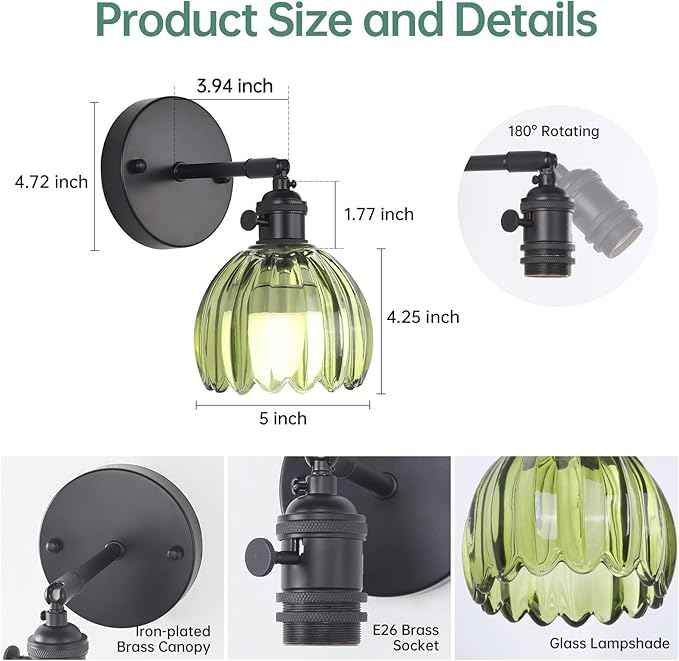 Vintage Battery Operated Wall Sconce with Green Tulip Glass Lampshade Rechargeable Battery Powered Black Wall Light with Remote Control for Bedside Bedroom Doorway, Set of 2