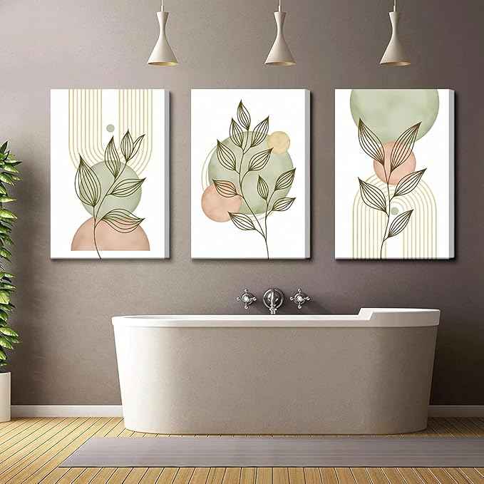 3Pcs Framed Sage Green Boho Canvas Wall Art Modern PinkBotanical Posters Print Abstract With Leafr Pictures Wall Decoration For Living Room Bedroom Bathroom