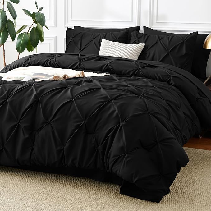 CozyLux Twin XL Comforter Set Black, 5 Pieces Twin Extra Long Pintuck Bed in A Bag for College Dorm, Pinch Pleat Bedding Set with Comforter, Sheets, Pillowcase & Sham