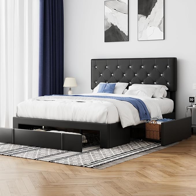 VECELO Full Size Bed Frame with 3 Storage Drawers, Leather Upholstered with Diamond Tufted Headboard, Solid Wood Slat Support, No Box Spring Needed, PU Black