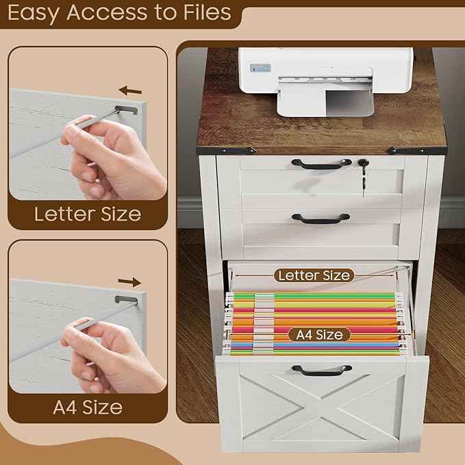 Vabches Vertical File Cabinet with 3 Drawers, Wooden Farmhouse Filing Cabinet for Letter/A4 Size Hanging Files, Under Desk Printer Stand with Storage for Home Office, White and Lock