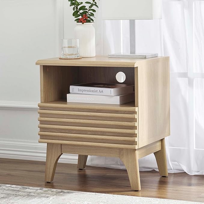 Modway Render Mid-Century Modern, One-Drawer Nightstand, Oak