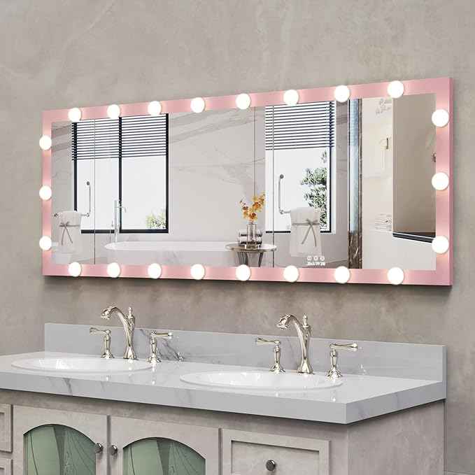 Full Length Mirror with Lights, 65" x 24" Led Standing Mirror, Wall Mounted and Floor Standing Bulbs, Wall Mounted for Bedroom,Dimming&3 Color Modes (Pink)