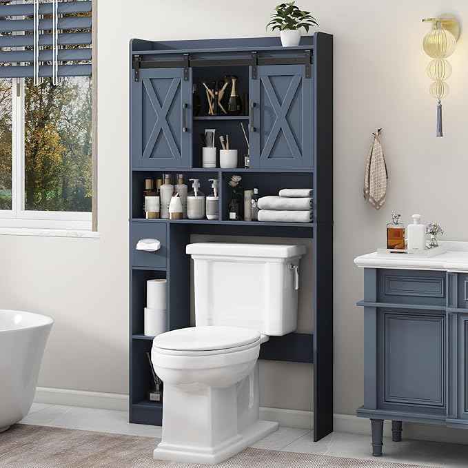 Vabches Over The Toilet Storage Cabinet, Farmhouse Storage Cabinet Over Toilet with Sliding Doors，Home Space-Saving Toilet Rack, for Bathroom, Restroom, Laundry