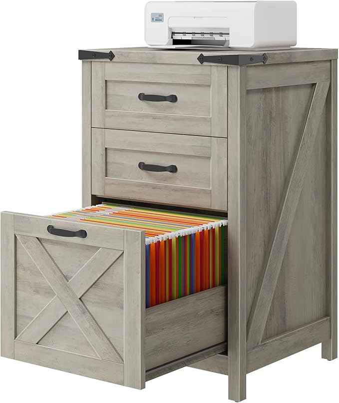Vabches Vertical File Cabinet with 3 Drawers, Wooden Farmhouse Filing Cabinet for Letter/A4 Size Hanging Files, Under Desk Printer Stand with Storage for Home Office, Grey