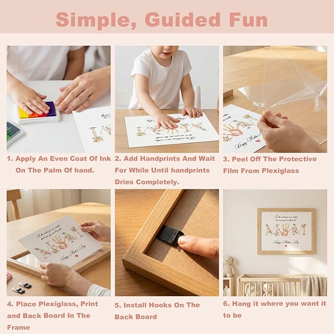 TwoDays Mother's Day Handprint Gift from Kids - DIY Keepsake Craft for Mom & Grandma, Family Activity Handprint & Flower Kit, Great Gift for Mother’s Day (8" X 10", Wood Frame)