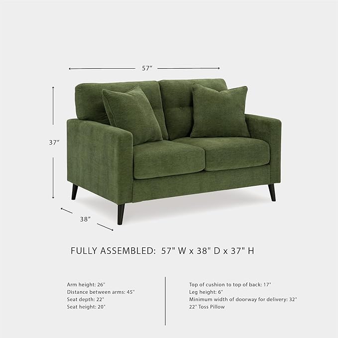 Signature Design by Ashley Bixler Mid-Century Modern Tufted Loveseat with 2 Toss Pillows, Green