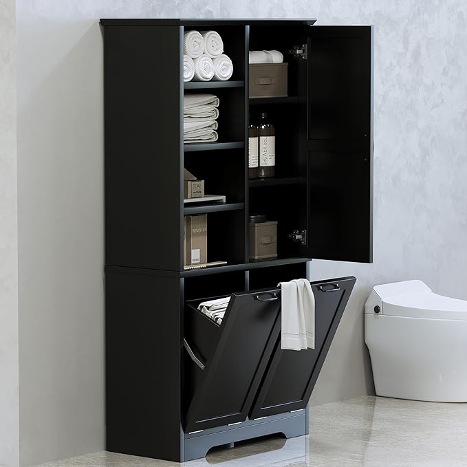 68" Tall Bathroom Storage Cabinet with Two Doors and Two Laundry Hampers for Home Display Organizer, Adjustable Shelf, Black