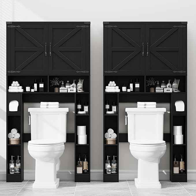 Vabches Over The Toilet Storage Cabinet, Farmhouse Storage Cabinet Over Toilet with 2 Barn Doors ，Toilet Paper Holder Stand，Home Space-Saving Toilet Rack, for Laundry, Restroom, Bathroom.Black.