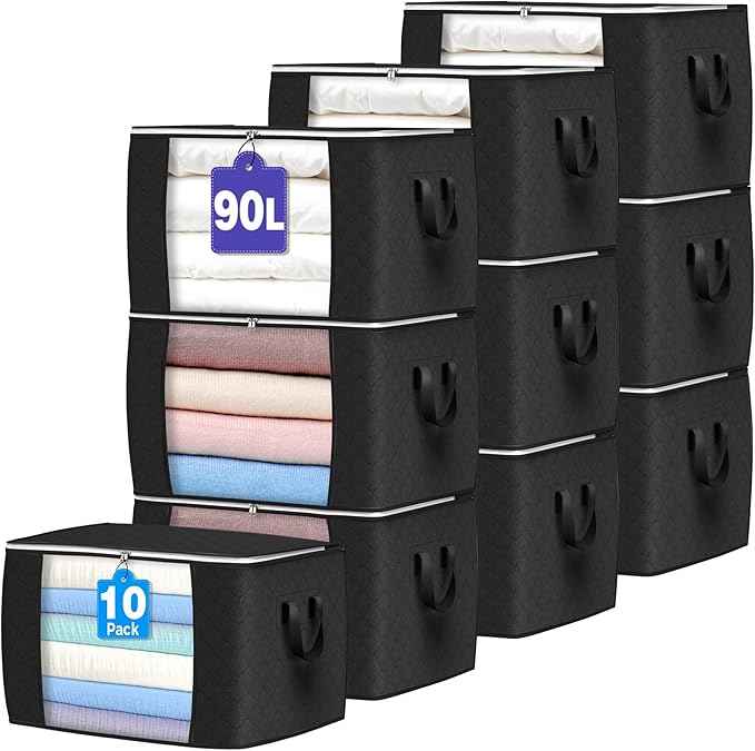 Budding Joy 90 L Large Storage Bags, 10 Pack Clothes Storage Bins Foldable Closet Organizers Storage Containers with Reinforced Handle for Clothing, Blanket, Comforters, Bed Sheets, Pillows (Black)