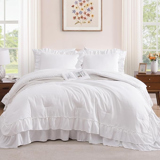 King Size Comforter Set White, Ruffle Shabby Chic Bedding Set Farmhouse 7 Pieces, All Season Fluffy Bed in a Bag with Sheets, Pillowcases & Shams