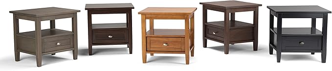 SIMPLIHOME Warm Shaker End Table - 20 inch Wide Solid Wood Side Table in Farmhouse Brown, Transitional Accent Table for Living Room or Bedroom with Drawer, Open Shelf and Square Tapered Legs