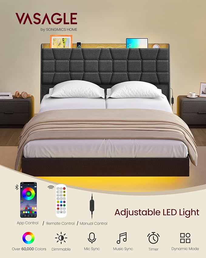 VASAGLE Queen Size Floating Bed Frame with LED Lights, Upholstered Queen Bed Frame with Charging Station, Tufted Storage Headboard, Noise-Free, No Box Spring Needed, Dark Gray URMB851G71SV1