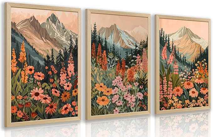 Cyebmo Mountain Wildflower Wall Art Set of 3, Sunset Daisy Flower Wall Decor, Colorful Wildflower Canvas Painting, Nature Botanical Landscape Artwork for Bedroom Living Room Wood Framed 16x24 Inch