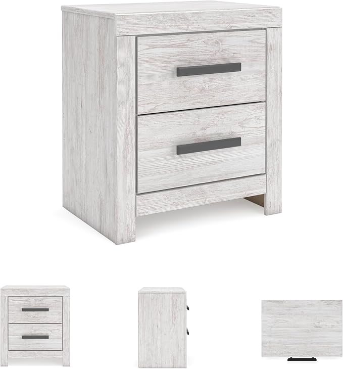Signature Design by Ashley Cayboni Casual Nightstand with Framed Front and Pilasters, 2 Storage Drawers, Large Black Handles, Wood, 24.37" High, White