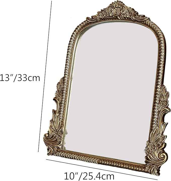 Baroque Champagne Gold Vintage Vanity Mirror 13x10 Inch, Wall-Mounted & Tabletop Dual-Use, Ornate Gold Accent Retro Decorative Mirror for Bedroom Dresser, Bathroom, Living Room and Dorm